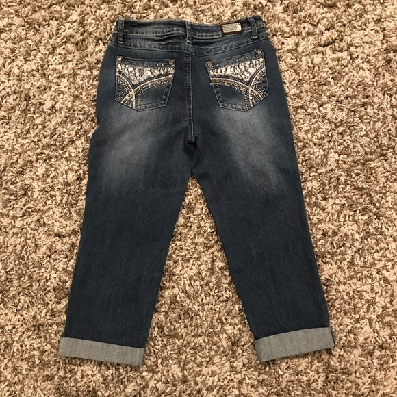 Earl Jeans Pants - Earl Cuffed Jean Capri w/ Lace & Rhinestones @